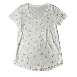 Gap Womens Easy Tee V-Neck Cactus Print‎ Shirt Small White Blue Cotton New